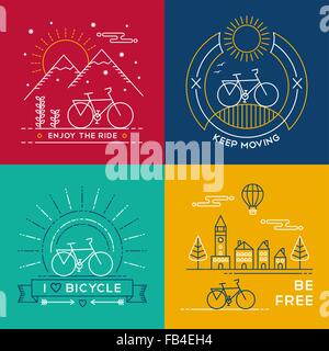 Set di bike modelli di poster in linea colorata in stile d'arte. Bicicletta citazioni di testo, della natura, della montagna e gli elementi della città. EPS10 vettore. Illustrazione Vettoriale