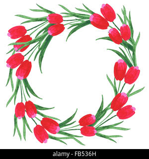 Tulipani ghirlanda acquerello su sfondo bianco. Illustrazione ad acquerello con copia spazio. Concetto del fiore per matrimonio o parte Foto Stock