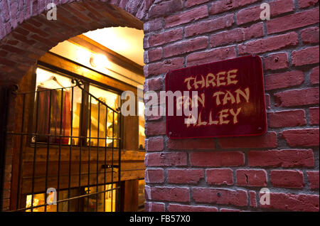 Muro di mattoni e negozio di entrata nella ventola Tan vicolo, in Chinatown, Victoria, BC, Canada Foto Stock