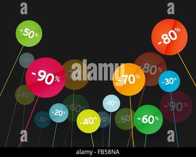 Segni colorati con percentuale di sconti su sfondo nero Illustrazione Vettoriale