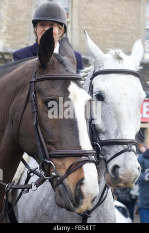 Giorno di nuovi anni Fox Hunt nel villaggio Costwold di Stow on the wold Inghilterra Foto Stock