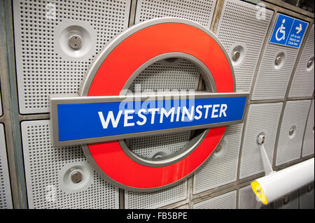 Westminster London Underground tube Station di Londra. Foto Stock