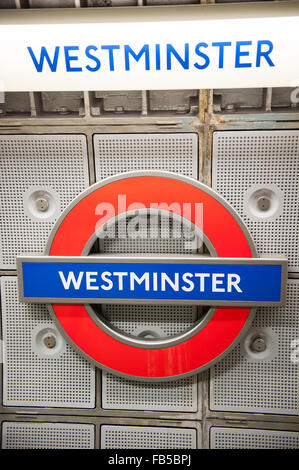 Westminster London Underground tube Station di Londra. Foto Stock