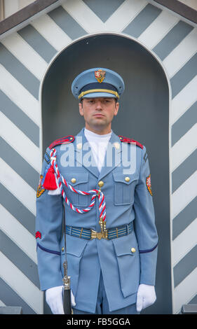 Praga, 5 agosto: guardia al Castello di Praga in piedi in attenzioni. A mezzogiorno di ogni giorno è possibile assistere al cambio di th Foto Stock