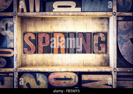 The word "Spring" written in vintage wooden letterpress type. Foto Stock