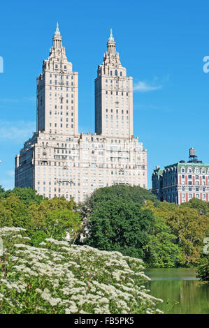 Stati Uniti d'America, Usa: lo skyline di New York con la San Remo Building, famoso punto di riferimento sin dal 1930, visto dal Central Park Foto Stock