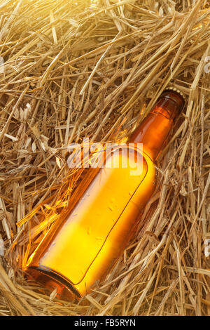 Bottiglia di birra nella pila di fieno. Senza etichetta Foto Stock