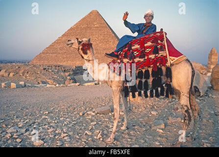 Un decorato il cammello e il suo driver attendere per turisti che sono guidati su brevi gite nel deserto vicino la Grande Sfinge e le Piramidi di Giza a poche miglia da Il Cairo, capitale dell Egitto. Quasi15 milioni di turisti hanno visitato questo Nord nazione africana nell'anno antecedente alla rivoluzione egiziana del 2011, che ha ridotto il numero da 45% a causa di successivi tumulti nel paese. Foto Stock