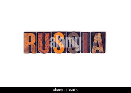 La parola " Russia " scritto in isolati di legno vintage tipo di stampa in rilievo su uno sfondo bianco. Foto Stock