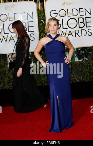 Beverly Hills, in California, Stati Uniti d'America. Decimo gen, 2016. British attrice Kate Winslet arriva per la 73rd Annuale di Golden Globe Awards presso il Beverly Hilton Hotel di Beverly Hills, la California, Stati Uniti d'America, 10 gennaio 2016. Foto: Hubert Boesl/dpa - nessun filo SERVICE -/dpa/Alamy Live News Foto Stock