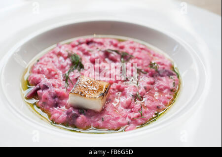 I gamberi in una colorazione rosa salsa con un pezzo di grigliate il formaggio halloumi presentato su una piastra bianca in un ristorante italiano. Foto Stock