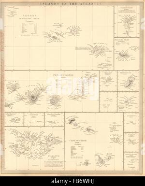 Isole atlantiche:Faer Øer Azzorre Madera Canarie Bermuda Falklands.SDUK, 1848 Mappa Foto Stock