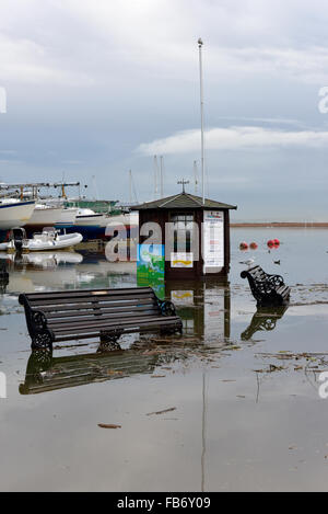 Christchurch, Dorset, Regno Unito. Xi gen, 2016. Christchurch Sailing Club e il molo colpite da alluvioni. Pettini e alberi spazzati verso il basso gonfio fiume Stour creare pericoli quando l'acqua si inclina il lunedì 11 gennaio 2016. Credito: Roger Allen Fotografia/Alamy Live News Foto Stock