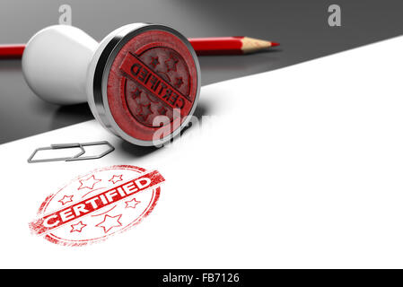 Timbro di gomma sopra il grigio e il bianco dello sfondo con la certificazione di testo stampato su di esso. Concetto di immagine per illustrazione di certificati Foto Stock