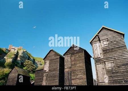 I pescatori del Net capanne in Hastings Old Town, East Sussex, Regno Unito Foto Stock