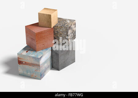 3D rendering di alcuni cubi di materiale differente. Illustrazione Foto Stock