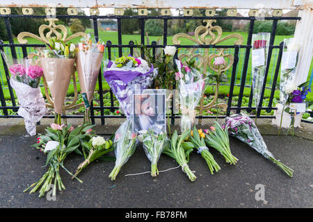 Beckenham, Londra Sud, 11 gennaio 2016. Omaggio di messaggi e fiori sul palco per spettacoli a Beckenham Recreation suolo dove, in agosto1969, Bowie fondato il "free festival' e hanno suonato numerosi brani che appaiono su il suo spazio stranezza album. Musicista David Bowie morì il 10 gennaio, di anni 69. Credito: Imageplotter News e sport/Alamy Live News Foto Stock