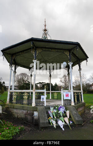 Beckenham, Londra Sud, 11 gennaio 2016. Messaggio di tributo e fiori sul palco per spettacoli a Beckenham Recreation suolo dove, in agosto1969, Bowie fondato il "free festival' e hanno suonato numerosi brani che appaiono su il suo spazio stranezza album. Musicista David Bowie morì il 10 gennaio, di anni 69. Credito: Imageplotter News e sport/Alamy Live News Foto Stock