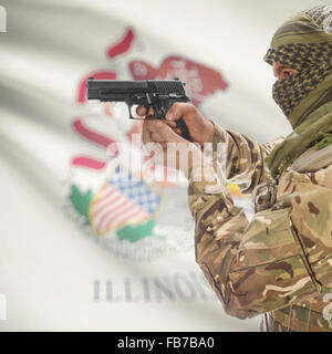 Maschio con la pistola in mano e stato americano bandiera sulla serie di sfondo - Illinois Foto Stock
