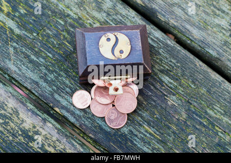 Scrigno del tesoro con le monete in euro Foto Stock