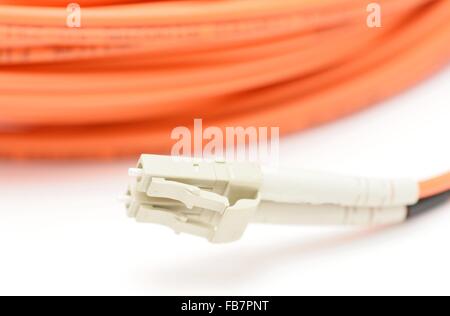 Primo piano della fibra ottica cavo e connettore LC su uno sfondo bianco. Foto Stock