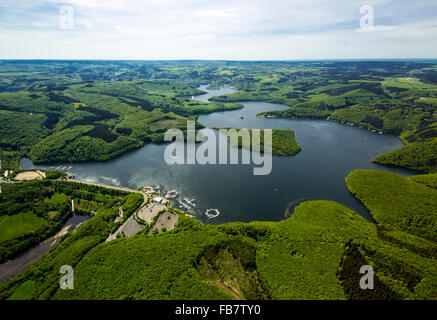 Vista aerea, barca a vela molo vicino alla diga, Rur serbatoio, Rur dam Schwammenauel secondo serbatoio più grande in Germania, Heimbach, Foto Stock