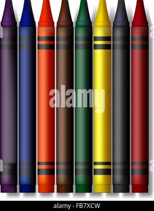 Una serie di matite colorate, realistiche. Viola, Blu, arancione, marrone, verde, giallo, nero e rosso. Illustrazione Vettoriale