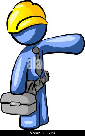 Blue lavoratore edile gesticolando in avanti per qualcosa nel vostro design. Illustrazione Vettoriale