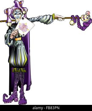 Una illustrazione vettoriale di un buffone tenendo un joker scheda su uno sfondo bianco. Illustrazione Vettoriale