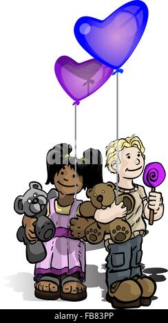 Una illustrazione vettoriale dei bambini azienda orsetti di peluche e palloncini, apparendo felice. Illustrazione Vettoriale