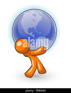 Un uomo di colore arancione portando un grosso globo, tenendo il peso del mondo!. Illustrazione Vettoriale