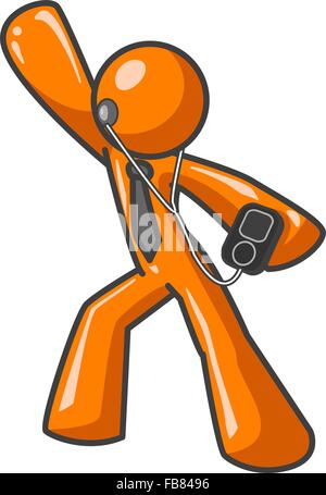 Un uomo di colore arancione ballare durante l'ascolto di un lettore mp3. Il lettore mp3 è generico. Illustrazione Vettoriale