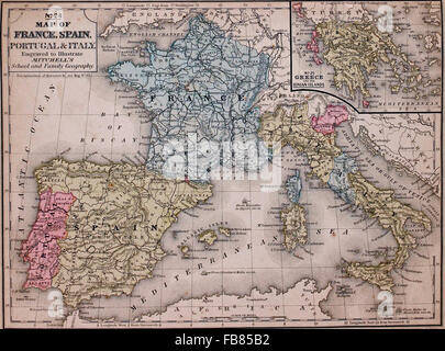 Mappa di Francia, Spagna, Portogallo e Italia con una Grecia inset, circa 1861 Foto Stock