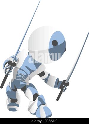 Un fumetto blu robot ninja in una posa difensiva con due katanas. Illustrazione Vettoriale