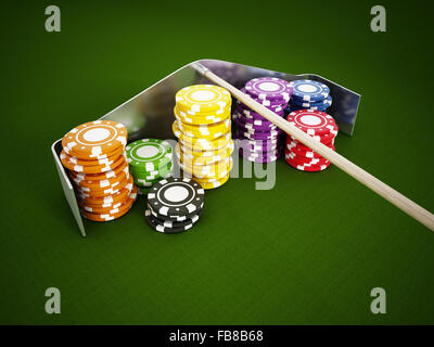 Casino chips in piedi sul panno verde. Foto Stock