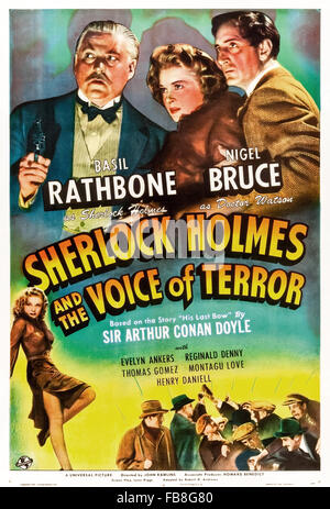 Poster per"Sherlock Holmes e la voce del terrore' 1942 film diretto da John Rawlins e interpretato da Basil Rathbone (Holmes); Nigel Bruce (Watson) e Evelyn Ankers (Kitty). Vedere la descrizione per maggiori informazioni. Foto Stock