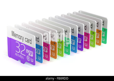 3D rendering di coloratissimi memoria micro sd card stack. Isolato su sfondo bianco Foto Stock