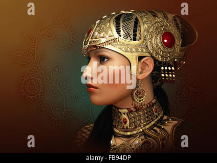 Computer grafica 3D di una fantasia ritratto di una giovane donna con antichi gioielli orientali Foto Stock