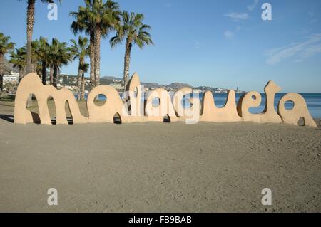 Malagueta segno sulla spiaggia di Malaga Foto Stock