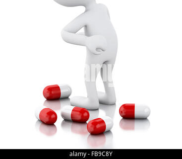 3D renderer immagine. La gente bianca con il mal di schiena, ha bisogno di pillole. Il concetto di medicina. Isolato sfondo bianco Foto Stock