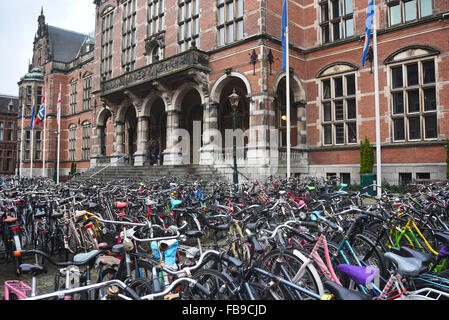 Le biciclette di fronte all'Università di Groningen Foto Stock