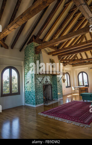 Interno di una camera in spagnolo con soffitto in legno e travi e vecchio camino con piastrelle in ceramica. tappetino sul pavimento Foto Stock