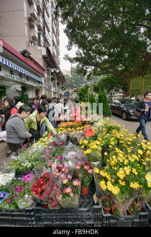 Scene dal vivace Mercato dei Fiori in Mongkok, Hong Kong Foto Stock