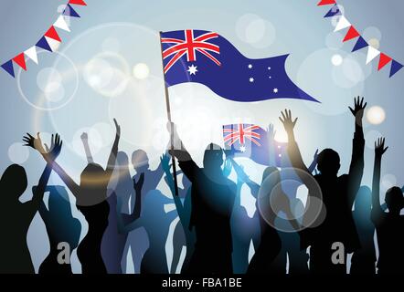 Gruppo di persone Silhouette folla attesa bandiera Australia Day parte Illustrazione Vettoriale
