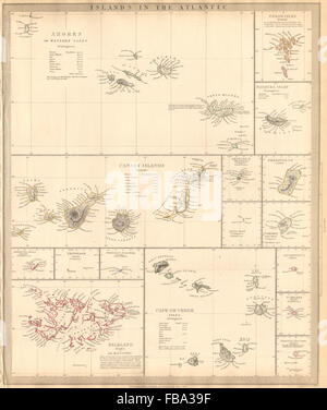 Atlantico.Le Isole Faer Øer Azzorre Madera Canarie Bermuda Falklands.SDUK, 1844 Mappa Foto Stock