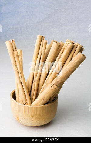 Alba Ceylon cannella bastoni (Cinnamomum zeylanicum) in una tazza di legno Foto Stock