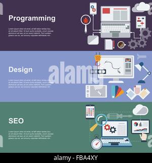Concetto di piatto icone. Sviluppo Web banner orizzontale impostato con codificazione seo ed elementi di design. Illustrazione Vettoriale