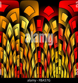 Modello di piazze in armoniose sfumature di nero, rosso e giallo. Geometrica algoritmica arte digitale. Foto Stock