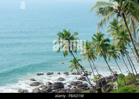 Da palme hillside a Rajbagh beach, Cabo de Rama, Cola parte Sud di Goa, India Foto Stock