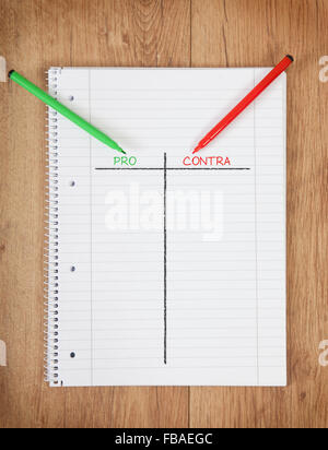 Un blocco note con i pro e i contro il grafico Foto Stock